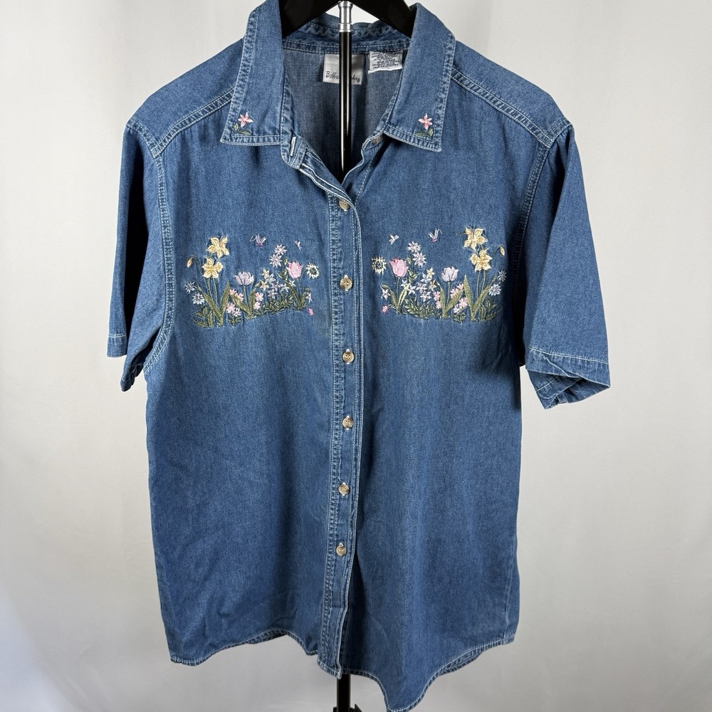 Bobbie Brooks Denim Button Down Embroidered Butterfly Garden VTG